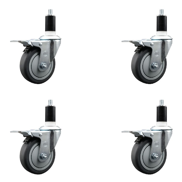 4'' Thermoplastic Rubber Swivel 1-3/8'' Expanding Stem Caster Set Total Lock Brake, 4PK